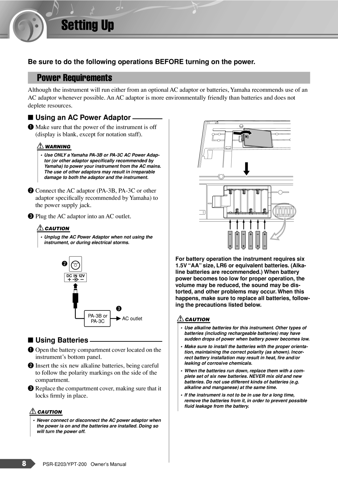 Yamaha PSR-E203, YPT-200 owner manual Setting Up, Power Requirements, Using an AC Power Adaptor, Using Batteries 