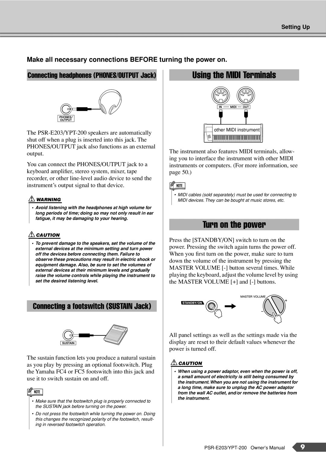 Yamaha YPT-200, PSR-E203 owner manual Using the Midi Terminals, Turn on the power 