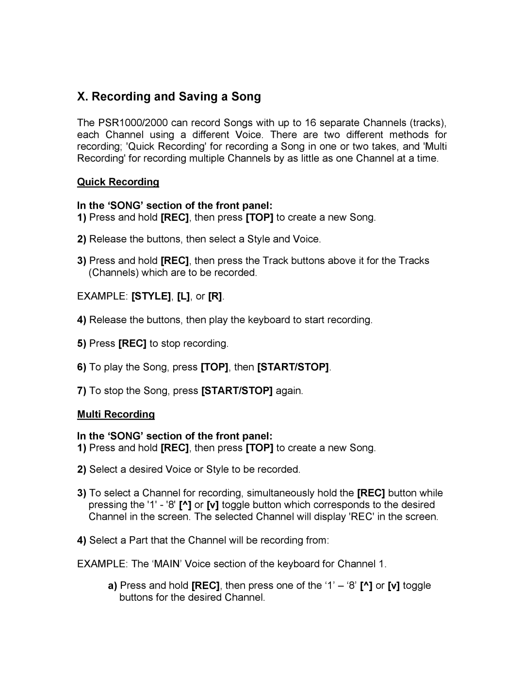 Yamaha PSR1000/2000 manual Recording and Saving a Song, Quick Recording ‘SONG’ section of the front panel 