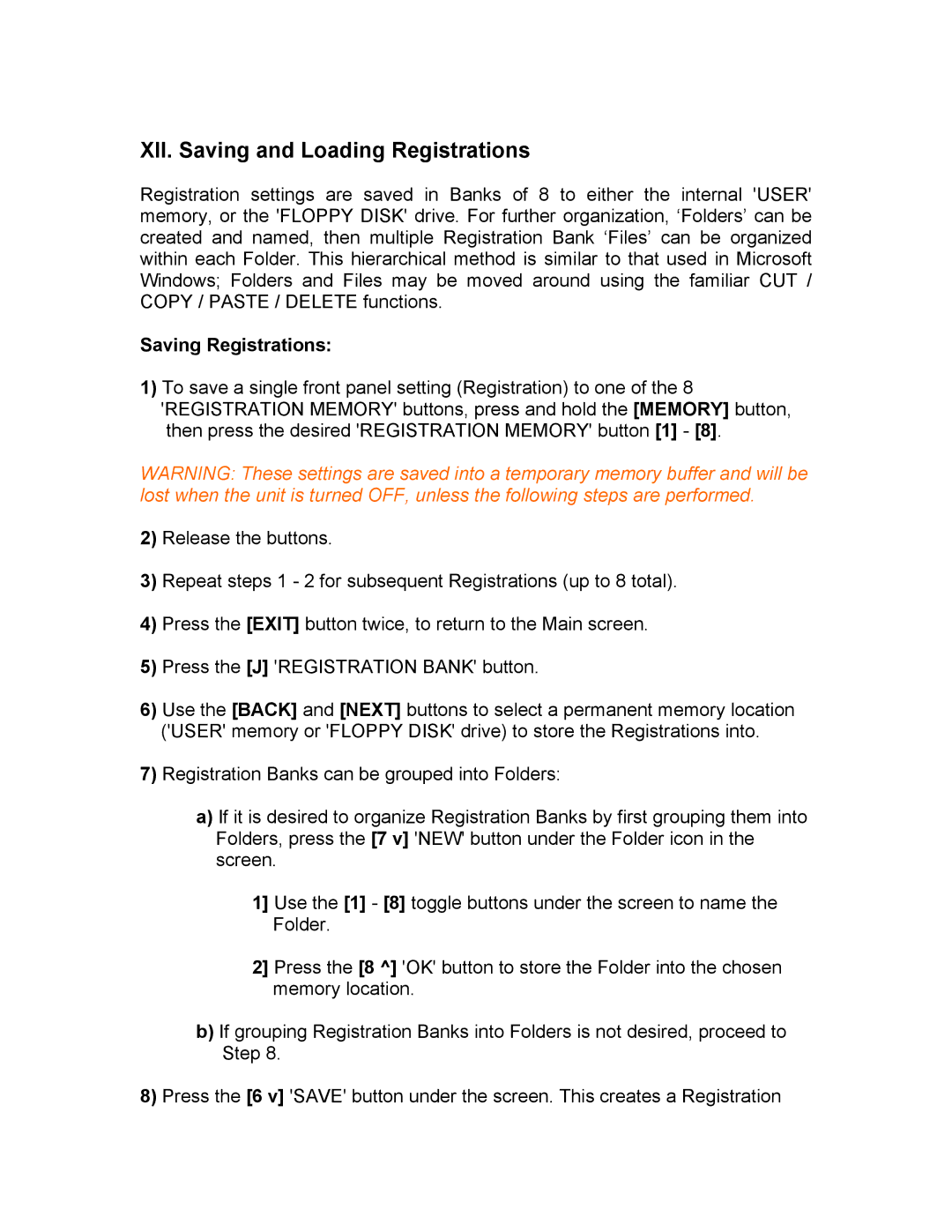 Yamaha PSR1000/2000 manual XII. Saving and Loading Registrations, Saving Registrations 