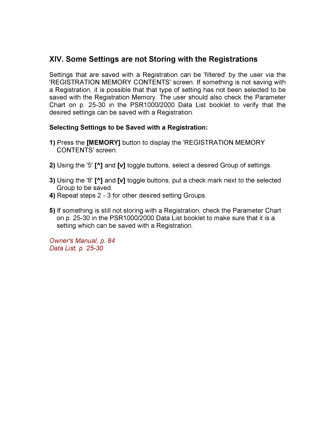 Yamaha PSR1000/2000 manual XIV. Some Settings are not Storing with the Registrations 