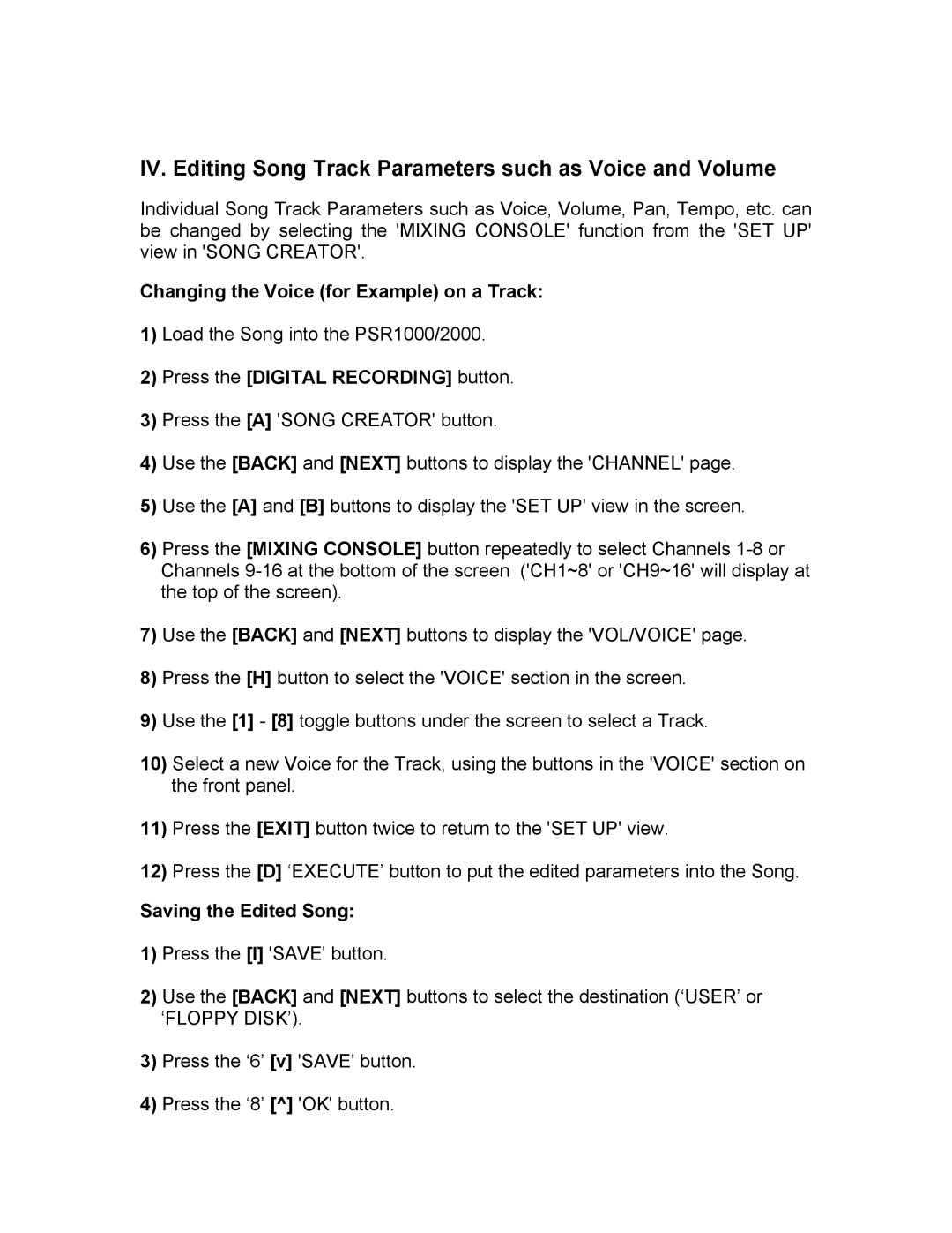 Yamaha PSR1000/2000 IV. Editing Song Track Parameters such as Voice and Volume, Changing the Voice for Example on a Track 