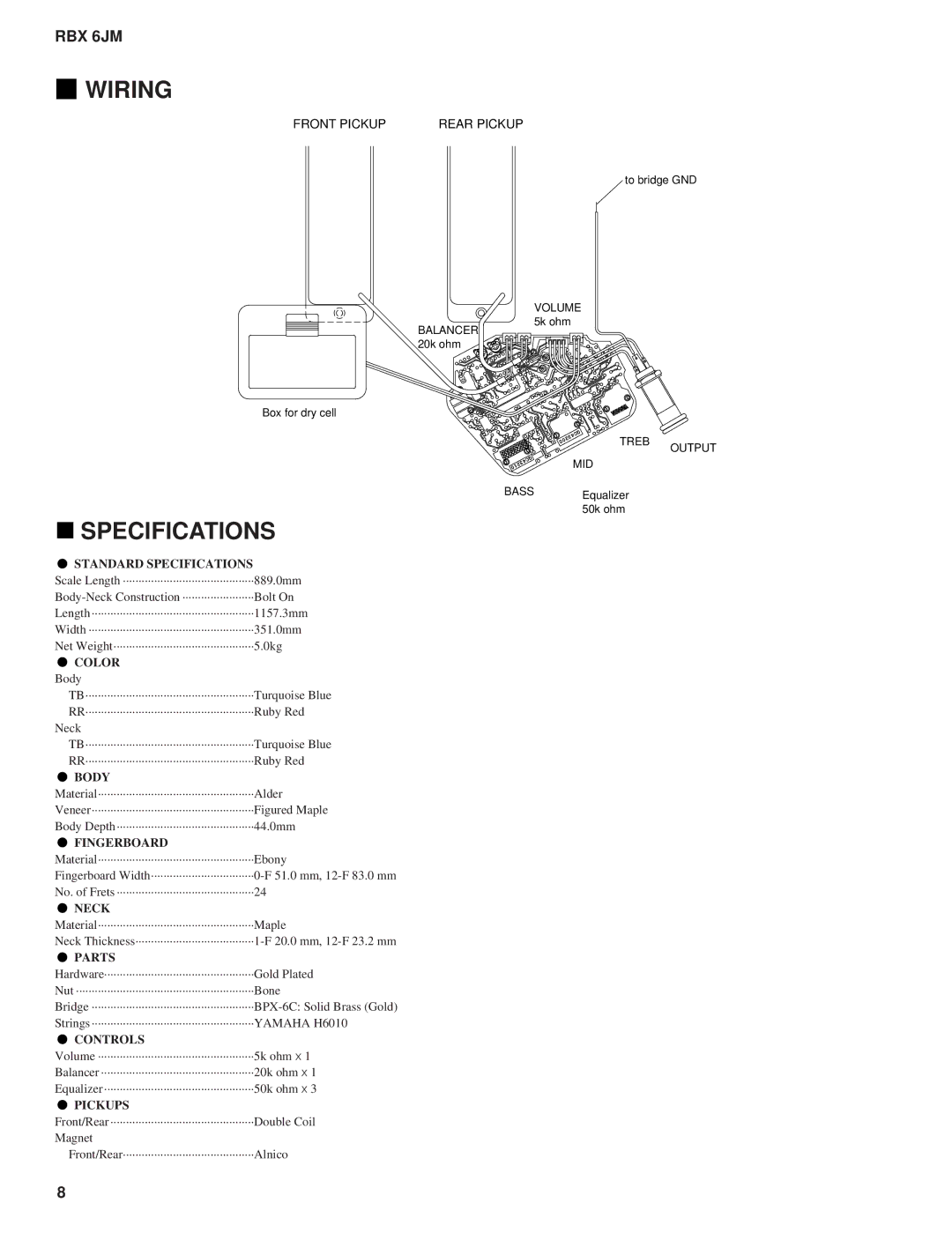 Yamaha RBX 6JM service manual Wiring, Specifications 