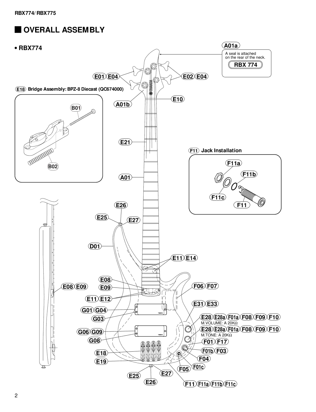 Yamaha Electric Bass, RBX775 service manual Overall Assembly, RBX774 