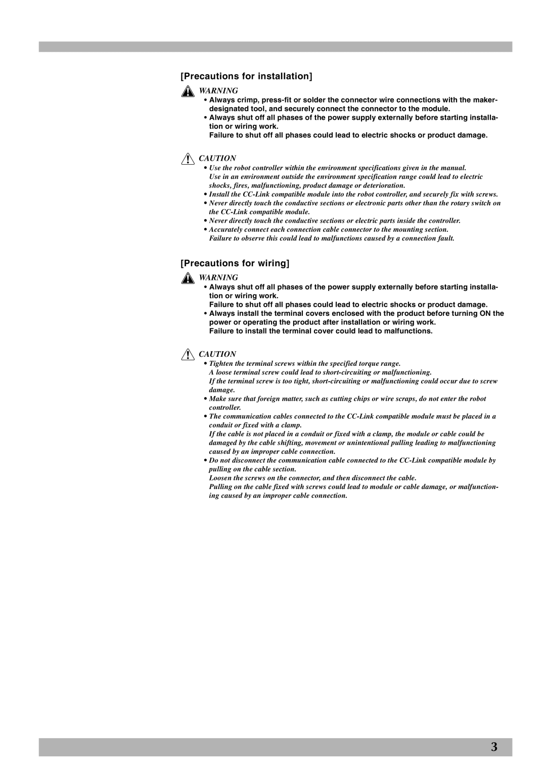 Yamaha Yamaha Robot Controller CC-Link Unit, RCX Series owner manual Precautions for installation, Precautions for wiring 