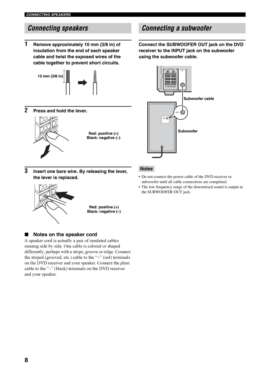 Yamaha RDX-E700 owner manual Connecting speakers, Connecting a subwoofer, Press and hold the lever 