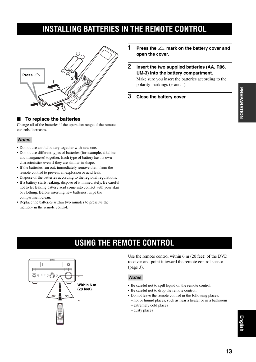 Yamaha RDX-E700 owner manual Installing Batteries in the Remote Control, Using the Remote Control, To replace the batteries 