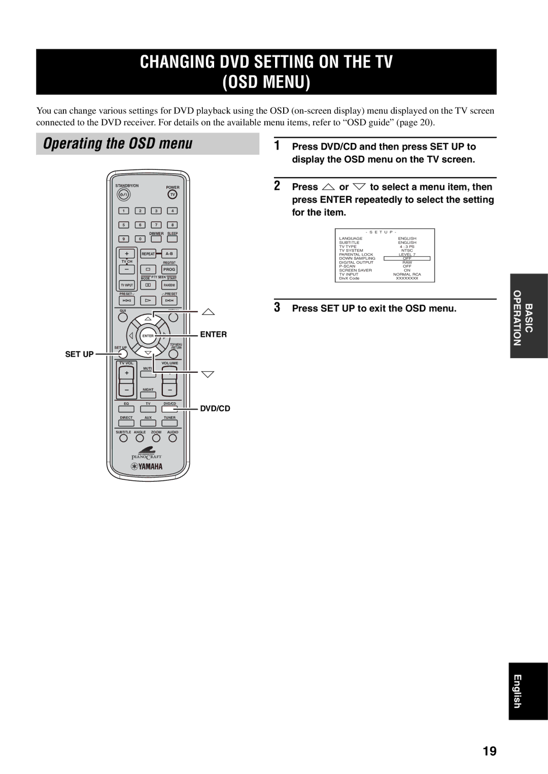 Yamaha RDX-E700 Changing DVD Setting on the TV OSD Menu, Operating the OSD menu, Press SET UP to exit the OSD menu 