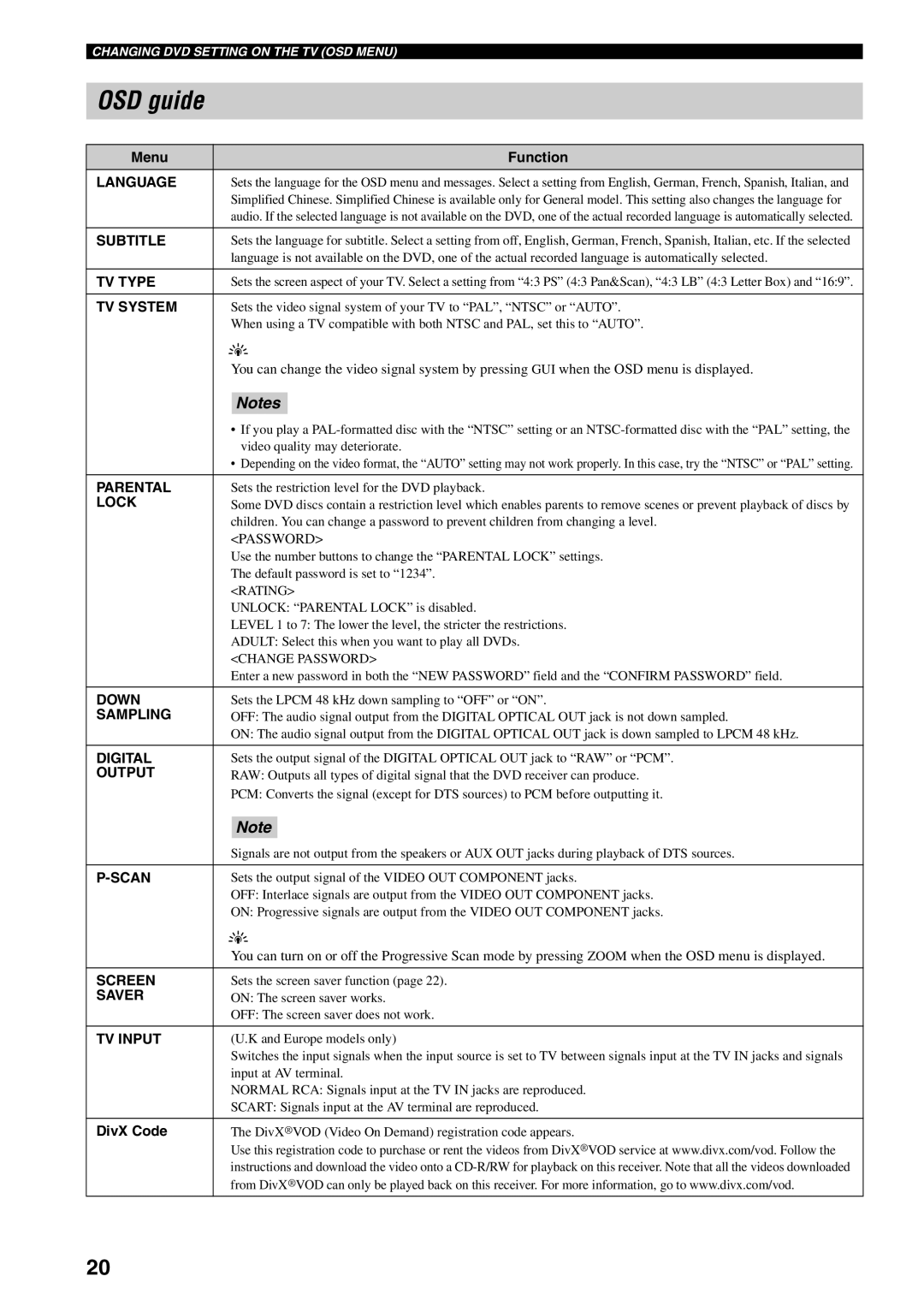 Yamaha RDX-E700 owner manual OSD guide, Language 