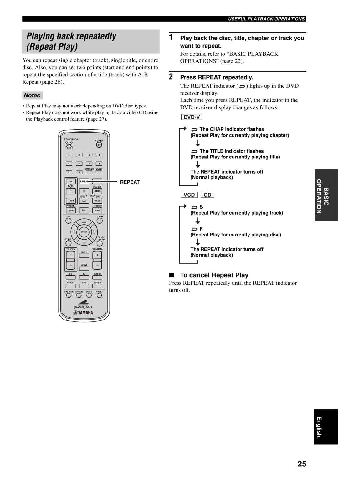 Yamaha RDX-E700 owner manual Playing back repeatedly, To cancel Repeat Play 