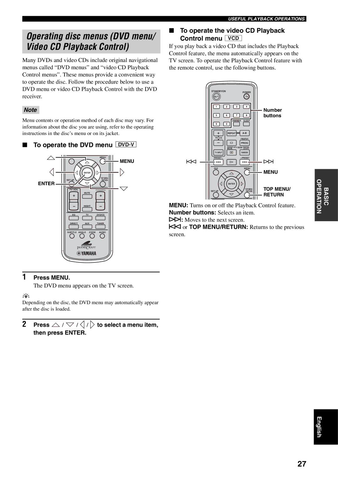 Yamaha RDX-E700 owner manual To operate the DVD menu DVD-V, To operate the video CD Playback Control menu VCD, Press Menu 