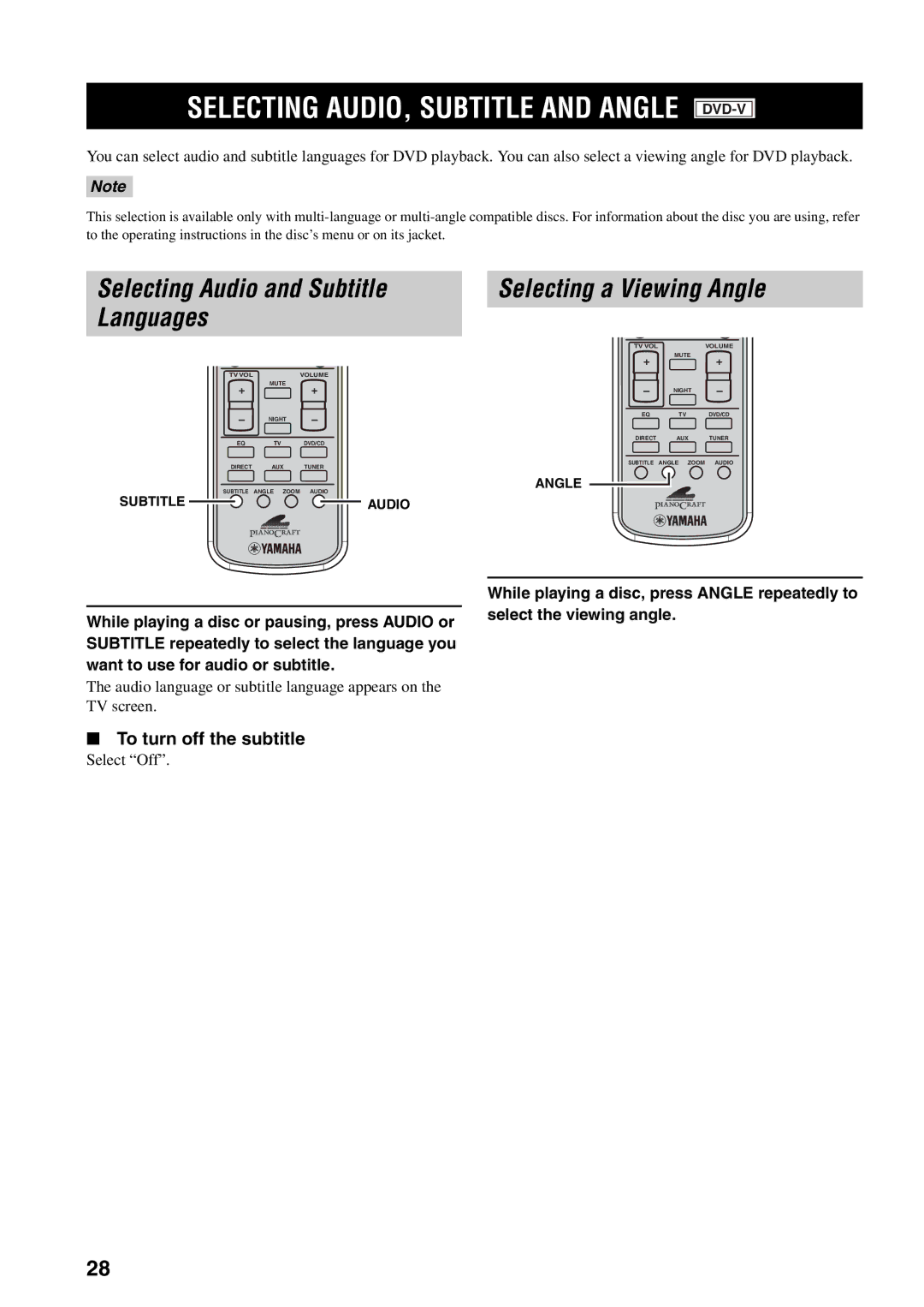 Yamaha RDX-E700 owner manual Selecting AUDIO, Subtitle and Angle, To turn off the subtitle 