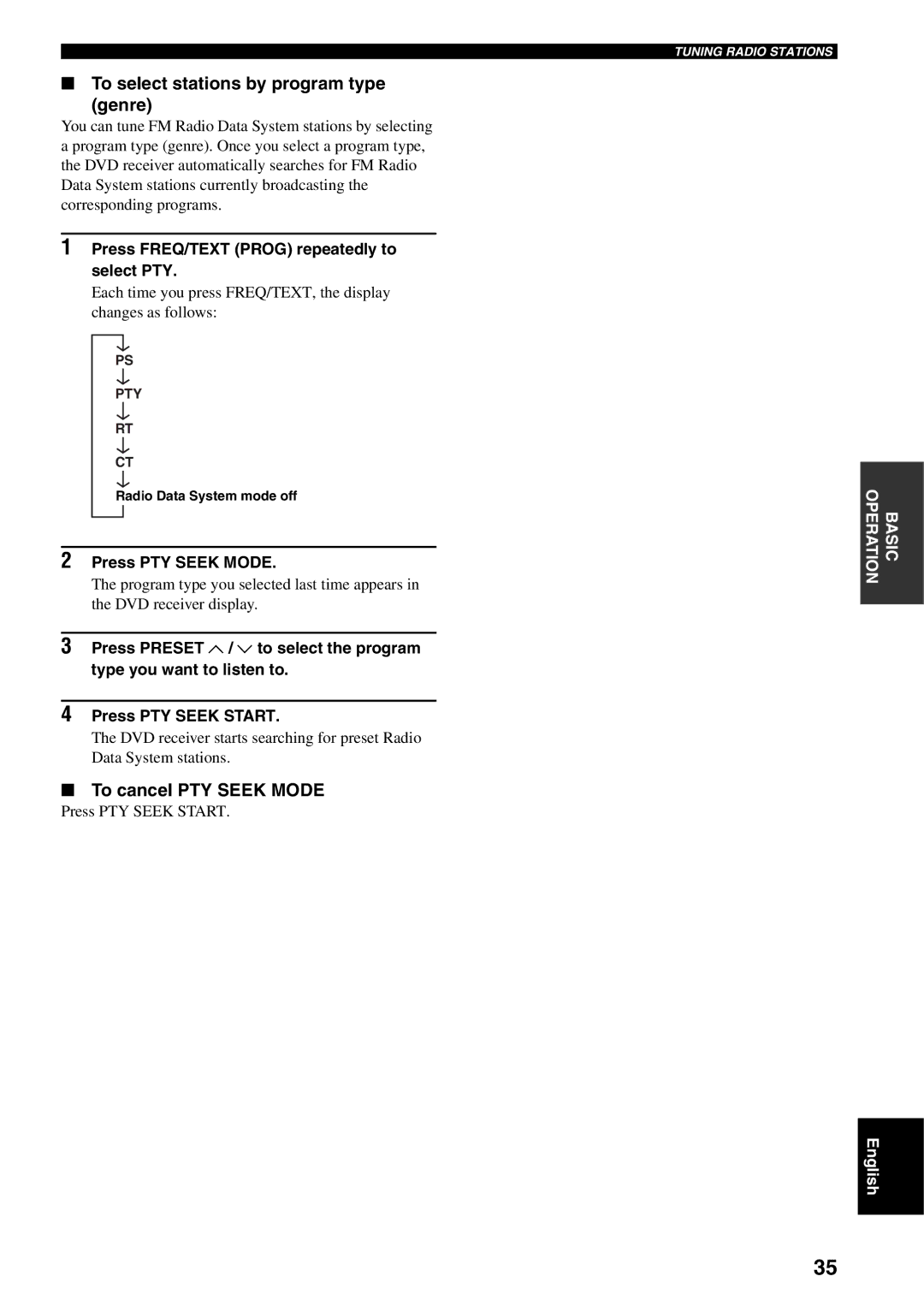 Yamaha RDX-E700 owner manual To select stations by program type Genre, To cancel PTY Seek Mode, Press PTY Seek Mode 