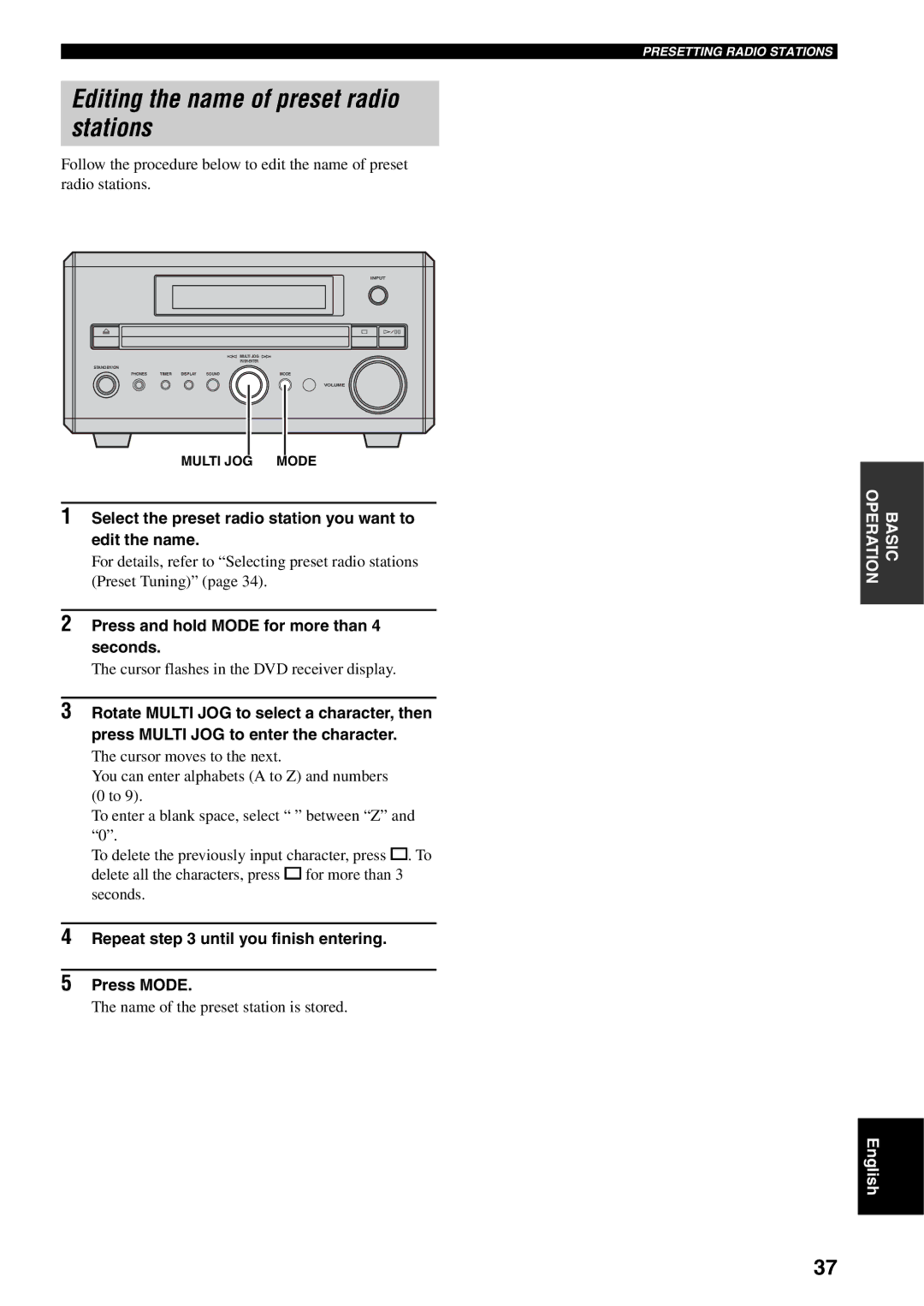 Yamaha RDX-E700 Editing the name of preset radio stations, Select the preset radio station you want to edit the name 