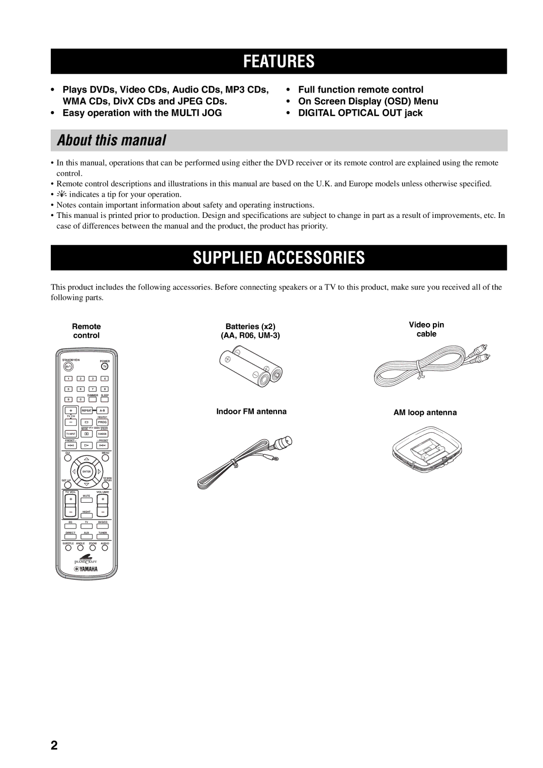 Yamaha RDX-E700 owner manual Features, Supplied Accessories, About this manual 