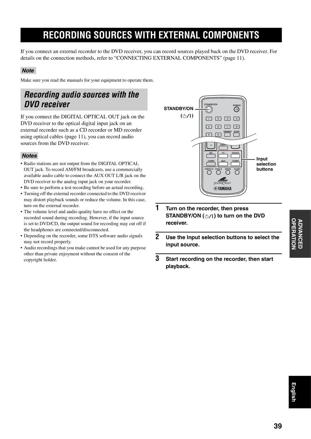 Yamaha RDX-E700 owner manual Recording Sources with External Components, Recording audio sources with the DVD receiver 