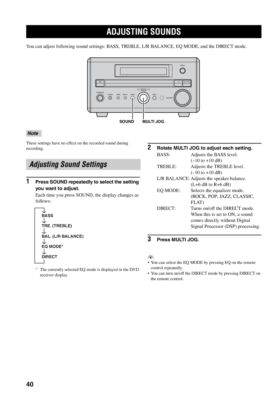 Yamaha RDX-E700 owner manual Adjusting Sounds, Adjusting Sound Settings, Rotate Multi JOG to adjust each setting 