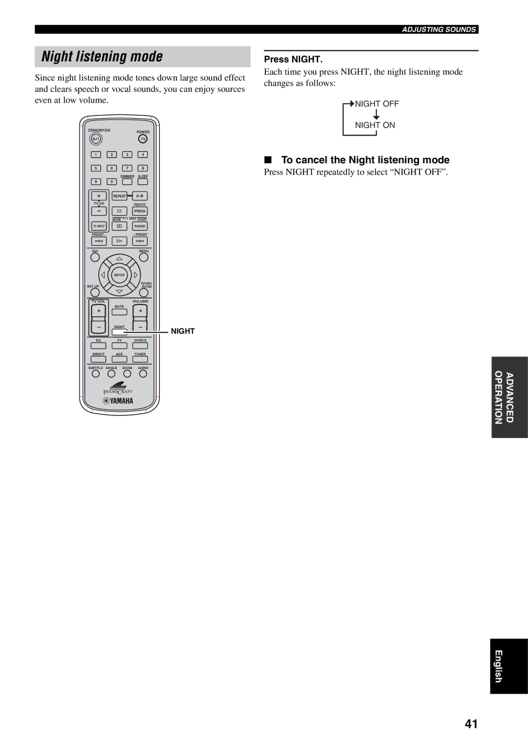 Yamaha RDX-E700 owner manual To cancel the Night listening mode, Press Night 