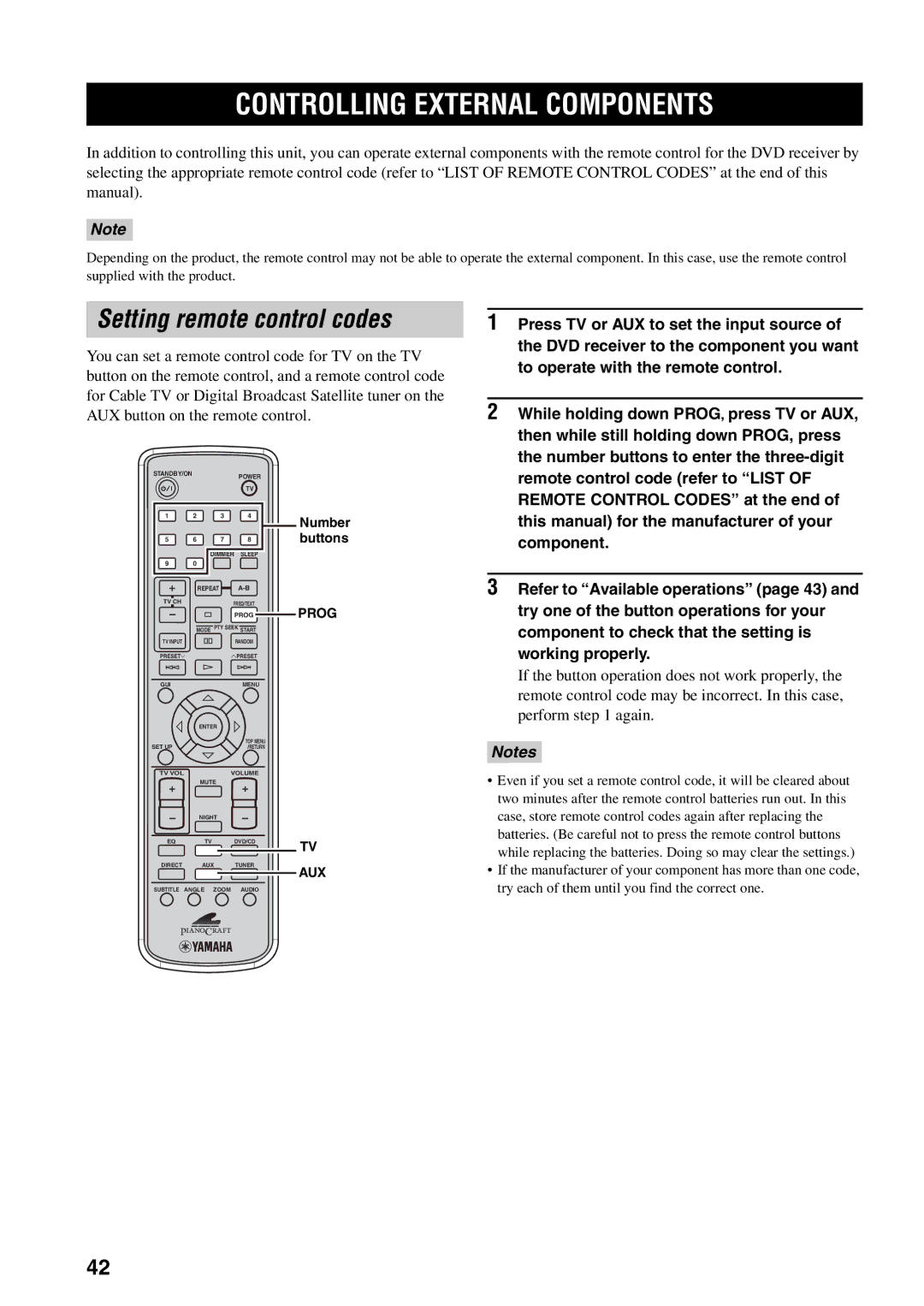 Yamaha RDX-E700 owner manual Controlling External Components, Setting remote control codes 