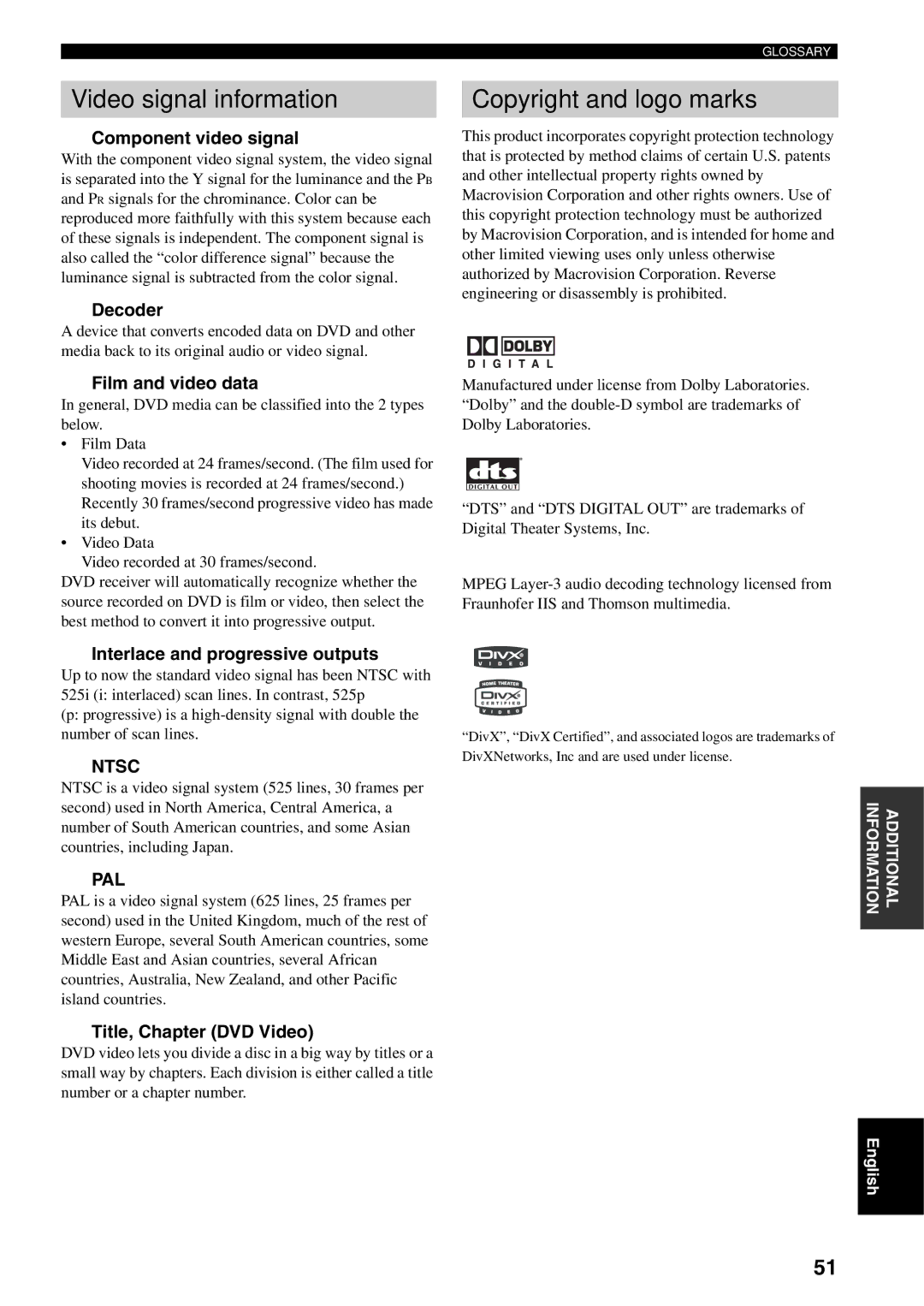 Yamaha RDX-E700 owner manual Video signal information, Copyright and logo marks 