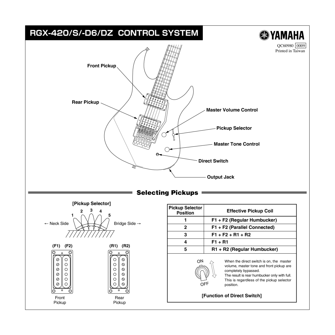 Yamaha manual RGX-420/S/-D6/DZ Control System, Selecting Pickups 