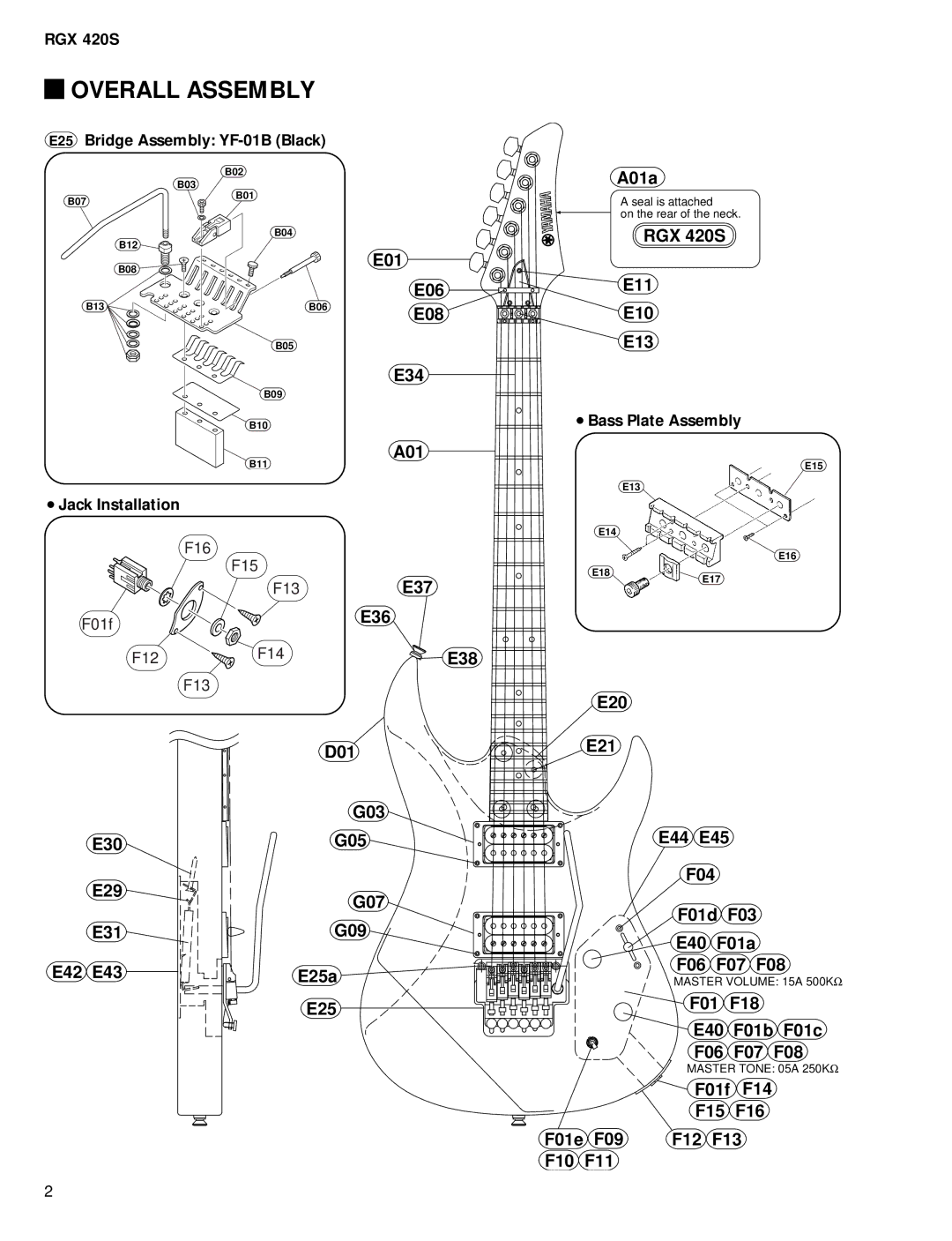 Yamaha RGX 420S service manual Overall Assembly, F01f F14 F15 F16 F01e F09 F12 F13 F10 F11 