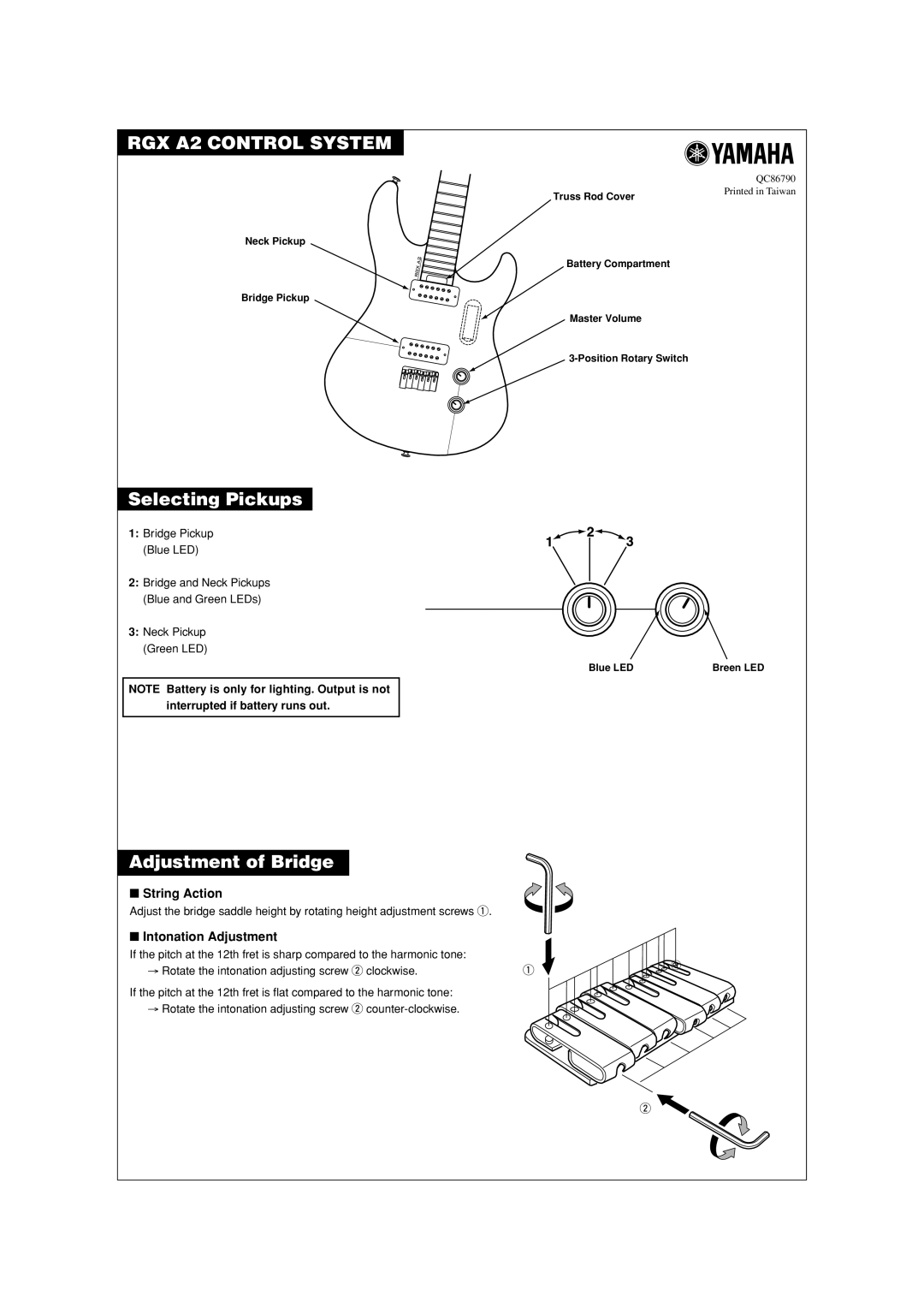 Yamaha Rgx A2 manual RGX A2 Control System, Selecting Pickups, Adjustment of Bridge, String Action, Intonation Adjustment 