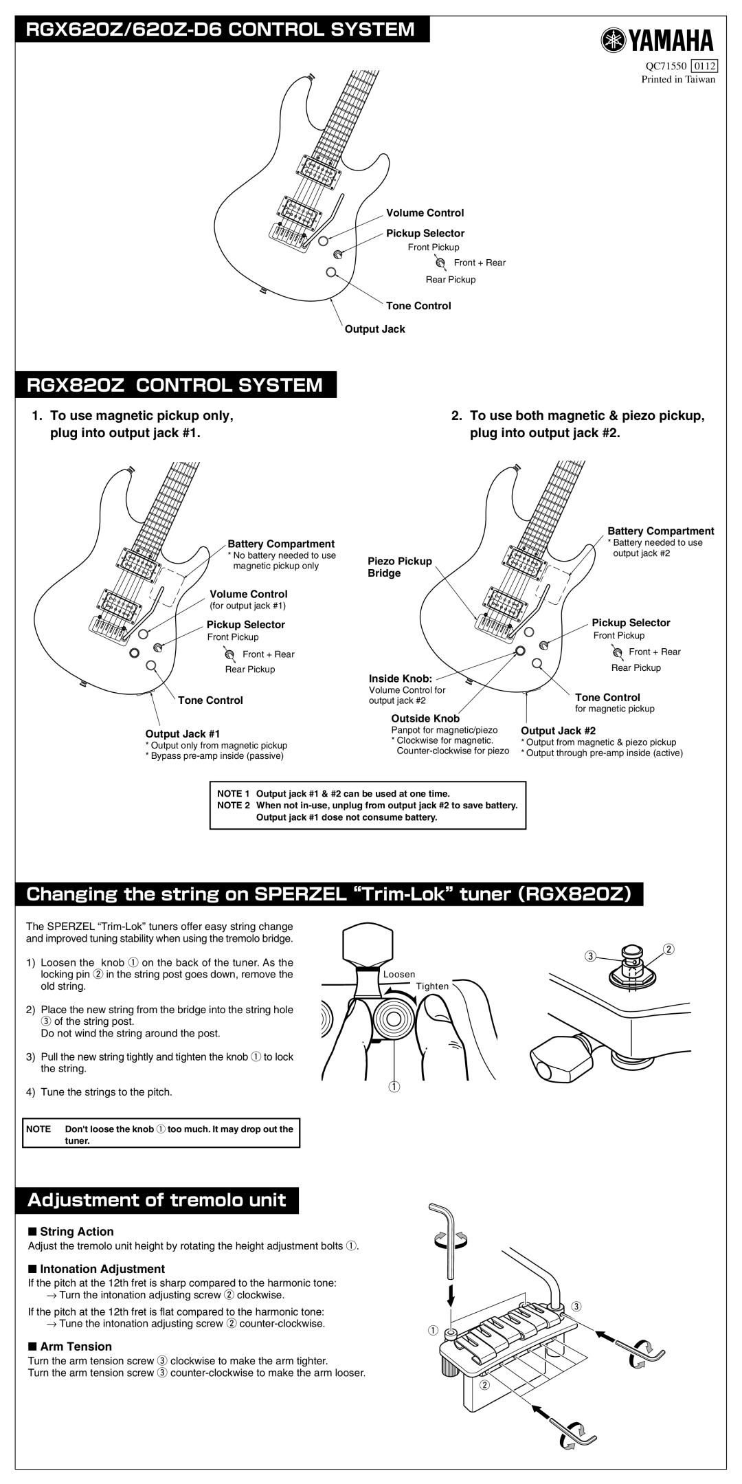 Yamaha RGX620Z-D6 manual RGX620Z/620Z-D6 Control System, RGX820Z Control System, Adjustment of tremolo unit 