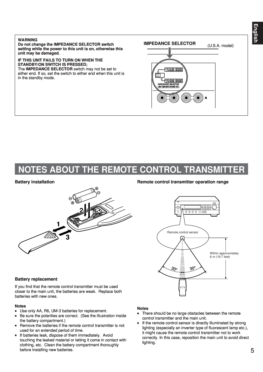 Yamaha RX-396RDS/396 Notes About The Remote Control Transmitter, 2 1, English, Impedance Selector, Battery installation 