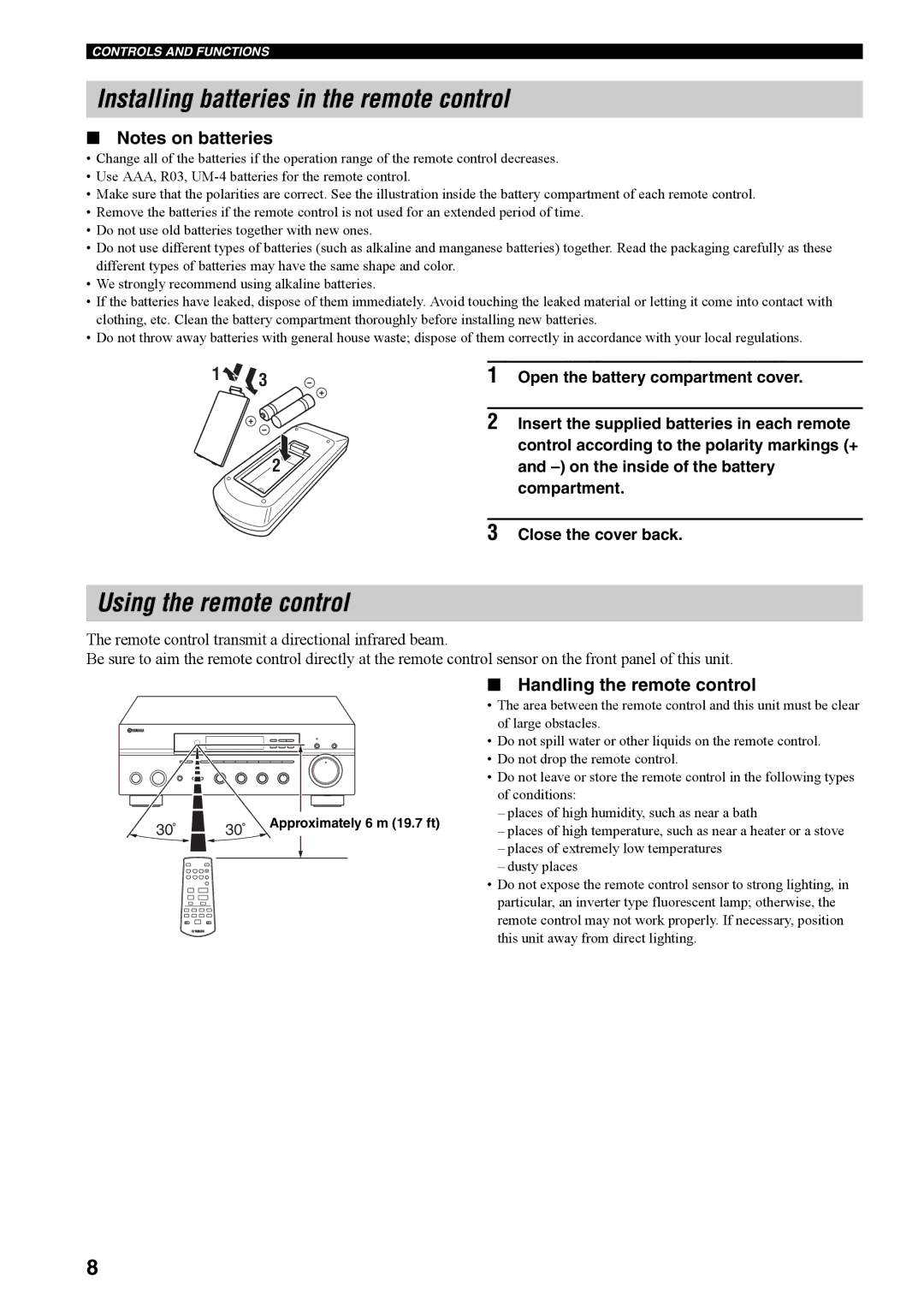 Yamaha RX-397 Installing batteries in the remote control, Using the remote control, Handling the remote control 