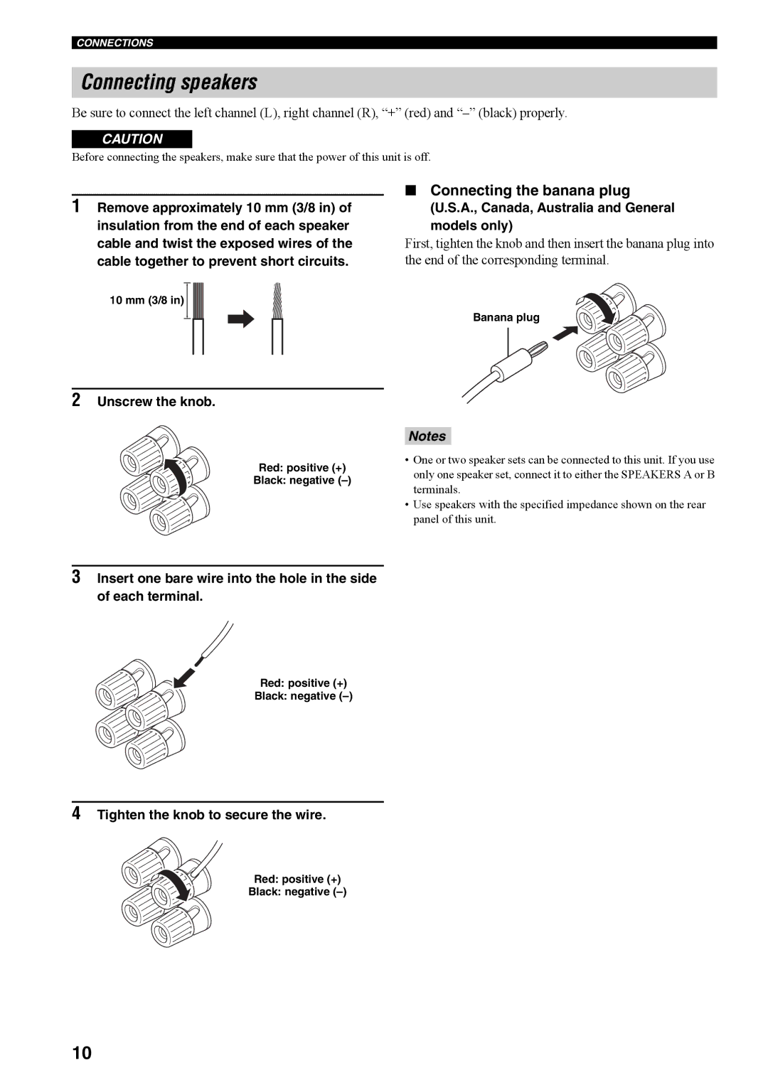 Yamaha RX-397 owner manual Connecting speakers, Connecting the banana plug 