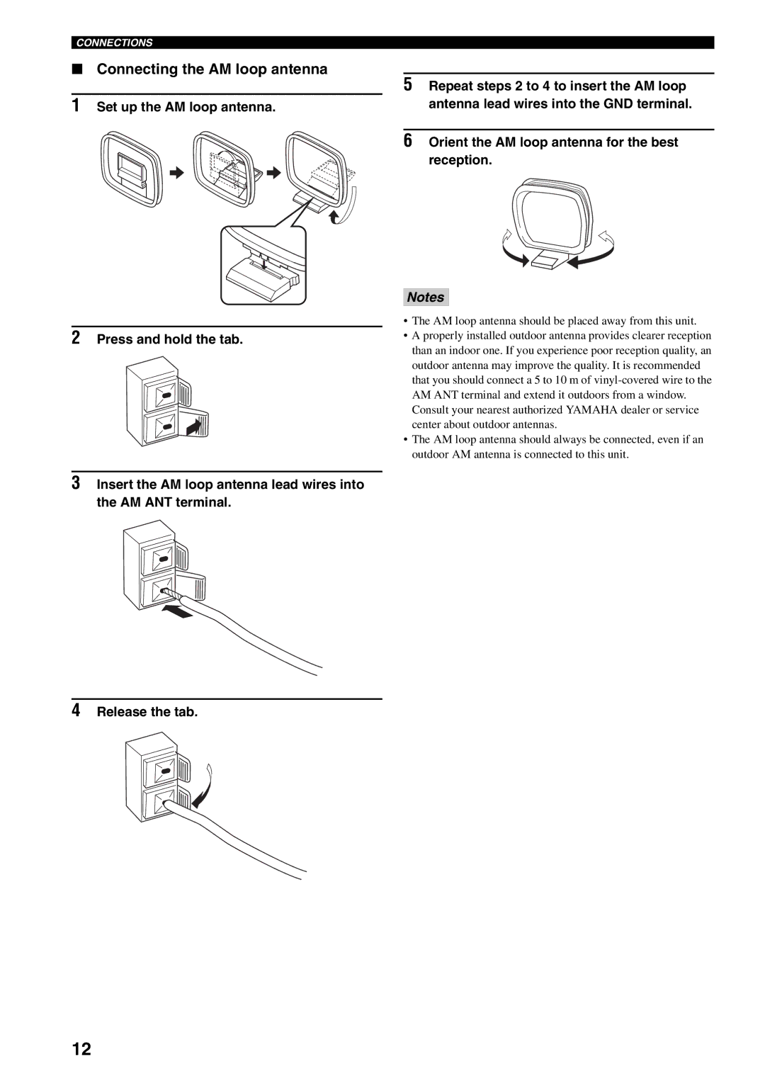 Yamaha RX-397 owner manual Connecting the AM loop antenna, Release the tab 