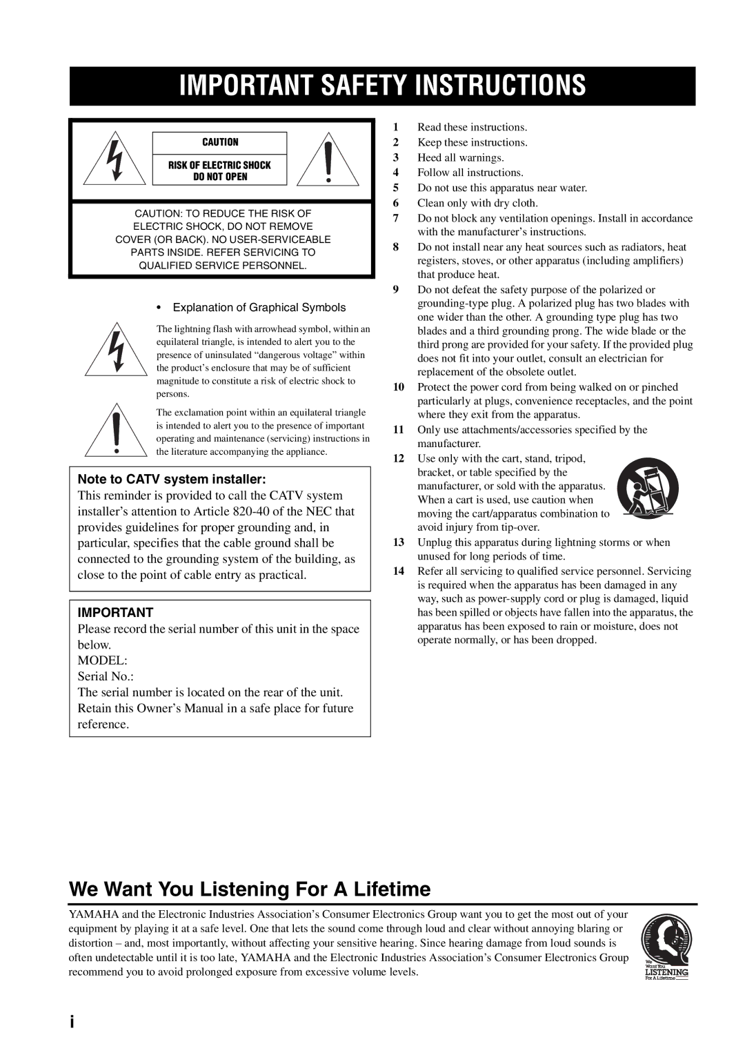 Yamaha RX-397 owner manual Important Safety Instructions, Serial No 