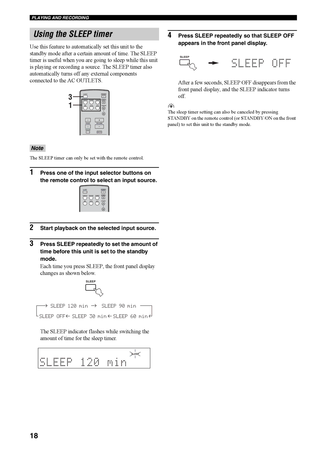 Yamaha RX-397 owner manual Using the Sleep timer 