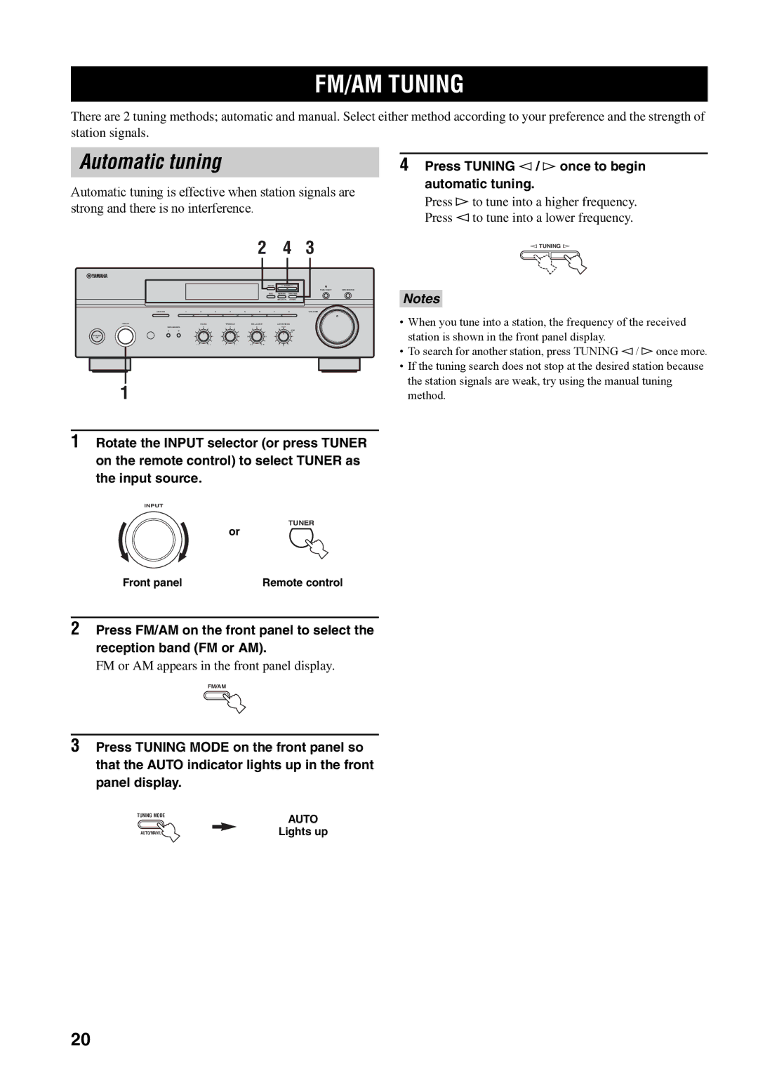 Yamaha RX-397 owner manual FM/AM Tuning, Automatic tuning, FM or AM appears in the front panel display, Lights up 