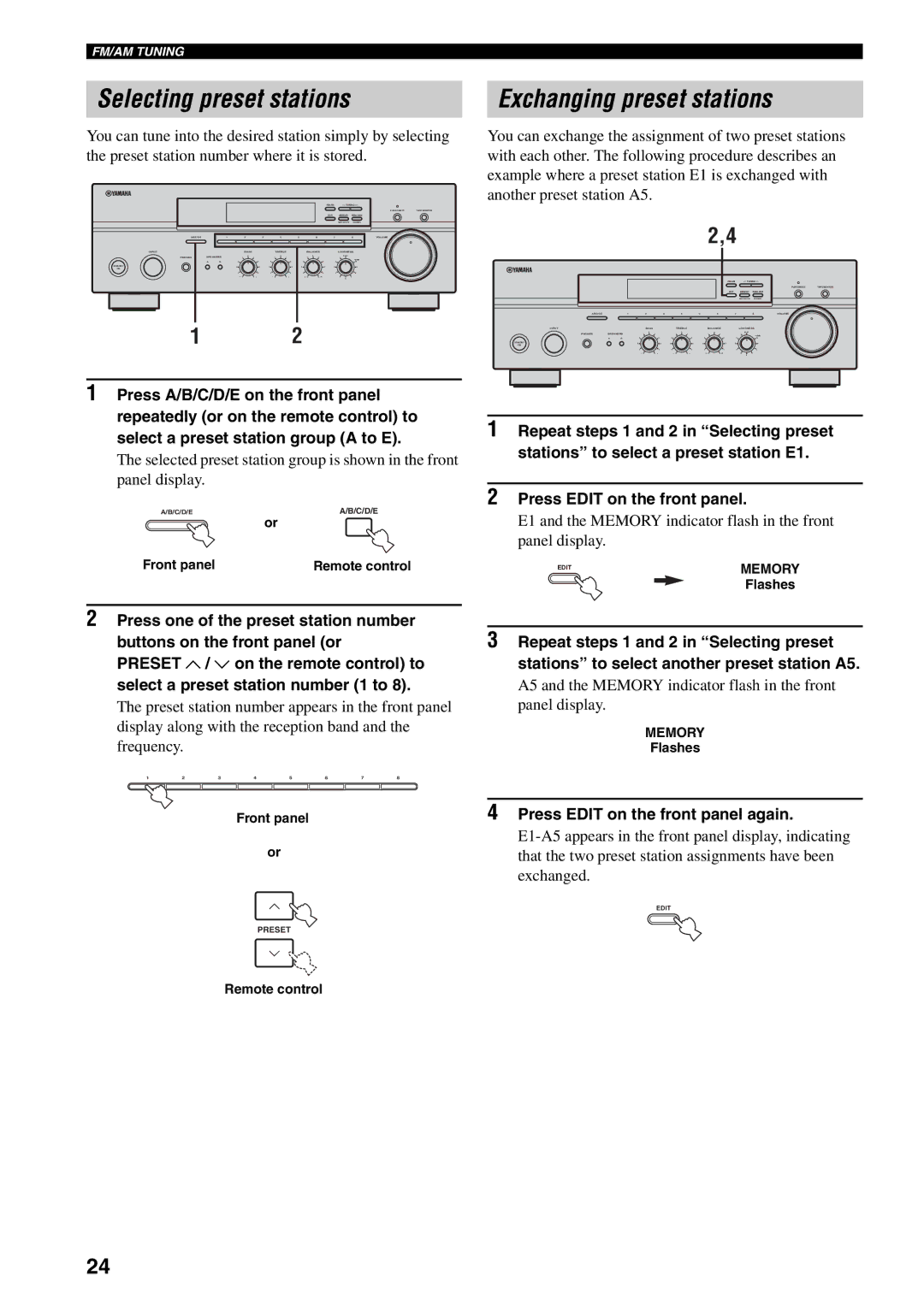 Yamaha RX-397 Selecting preset stations, Exchanging preset stations, Press Edit on the front panel again, Flashes 