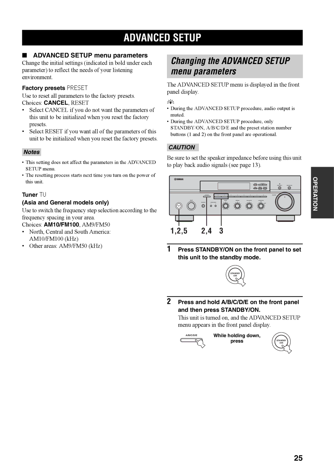 Yamaha RX-397 owner manual Changing the Advanced Setup menu parameters, Factory presets Preset 