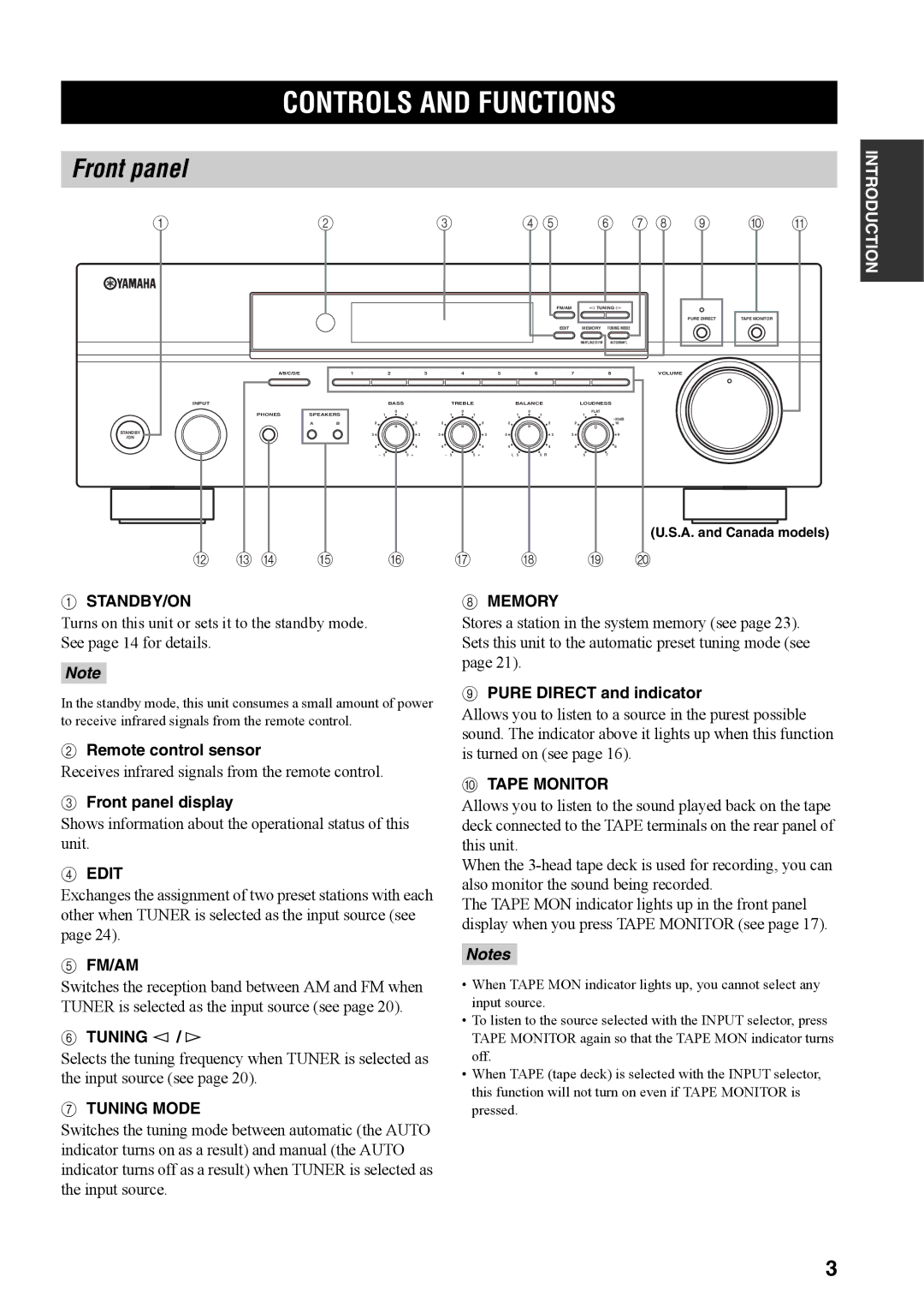 Yamaha RX-397 owner manual Controls and Functions, Front panel 