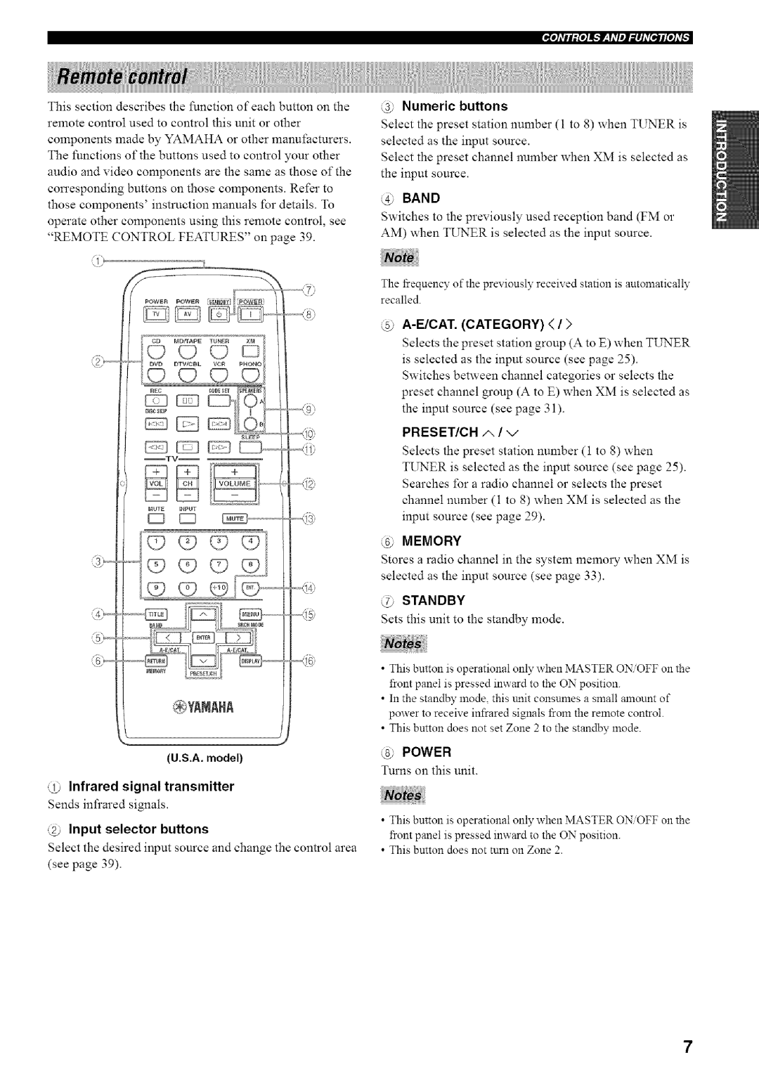 Yamaha RX-497 owner manual @ Infrared signal transmitter, Sends infrared signals, @ Input selector buttons, @ Band, @ Power 