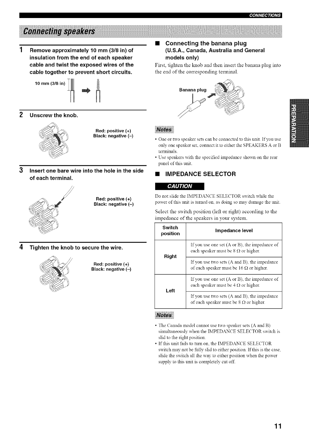 Yamaha RX-497 owner manual Connecting the banana plug, Unscrew the knob, Tighten the knob to secure the wire 