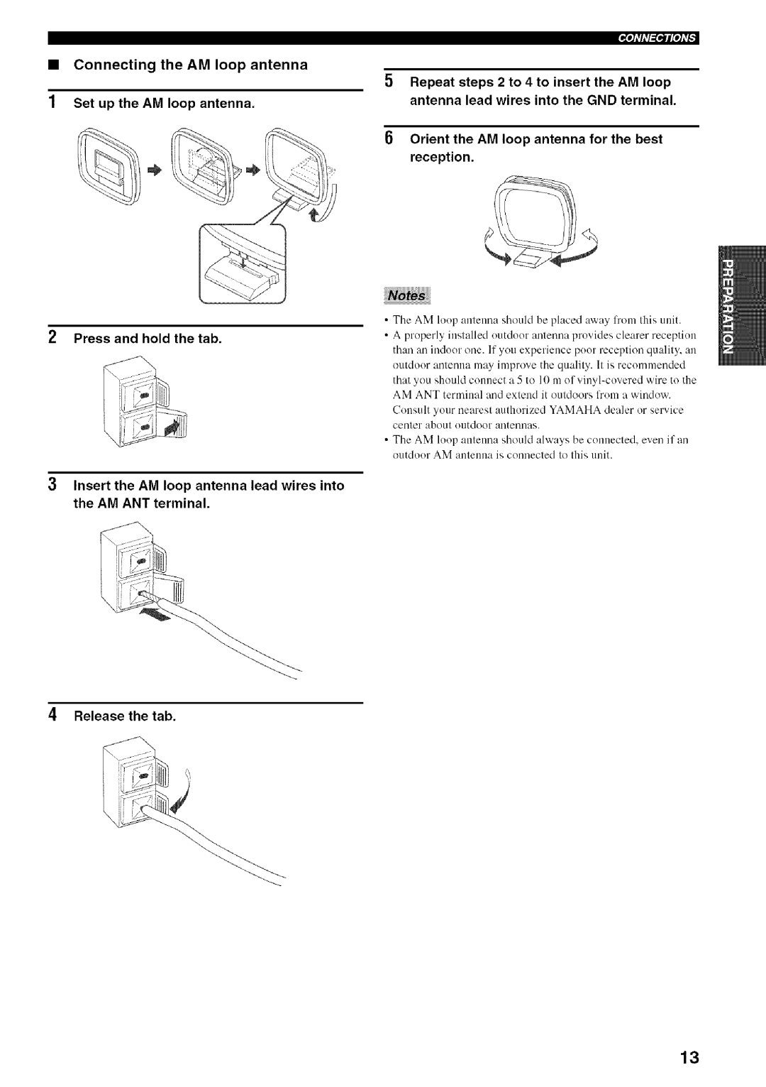 Yamaha RX-497 Connecting the AM loop antenna, Release the tab, Set up the AM loop antenna Press and hold the tab 