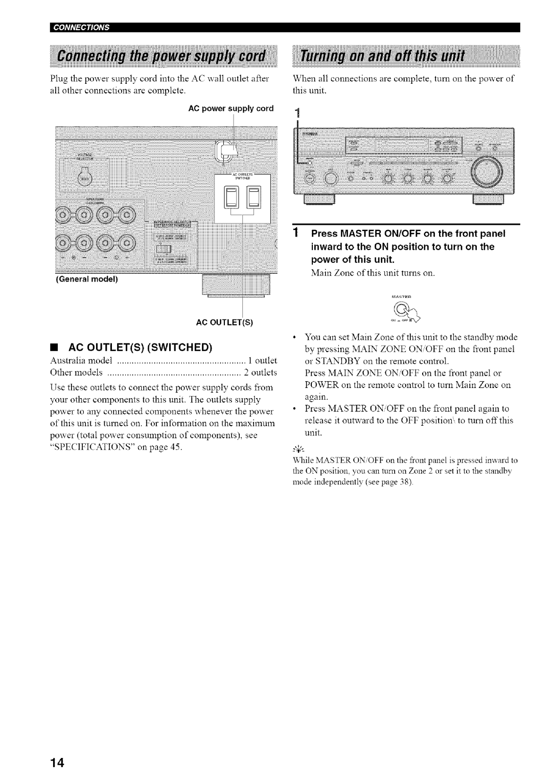 Yamaha RX-497 owner manual Main Zone of this unit turns on, AC power supply cord 