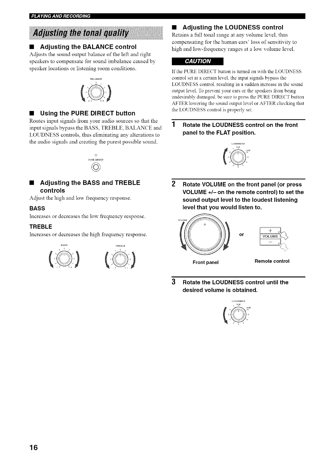 Yamaha RX-497 Adjusting the Balance control, Adjusting the Bass and Treble controls, Adjusting the Loudness control 