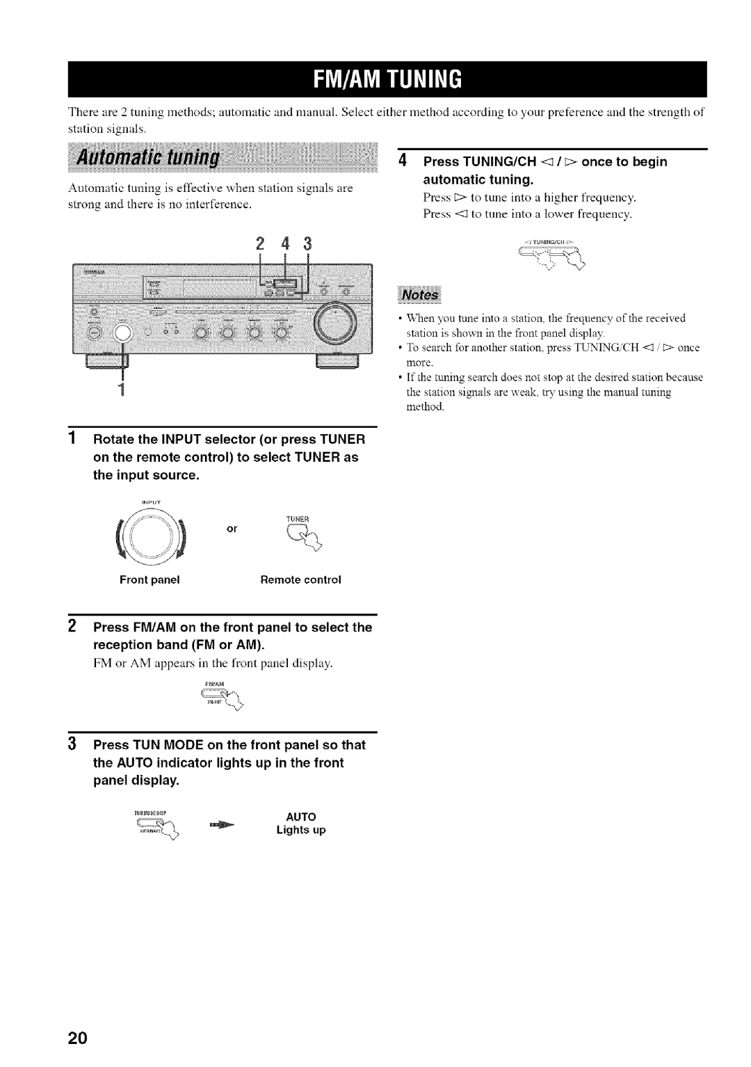 Yamaha RX-497 owner manual Reception band FM or AM, Press TUNING/CH 1/ once to begin Automatic tuning, Lights up 