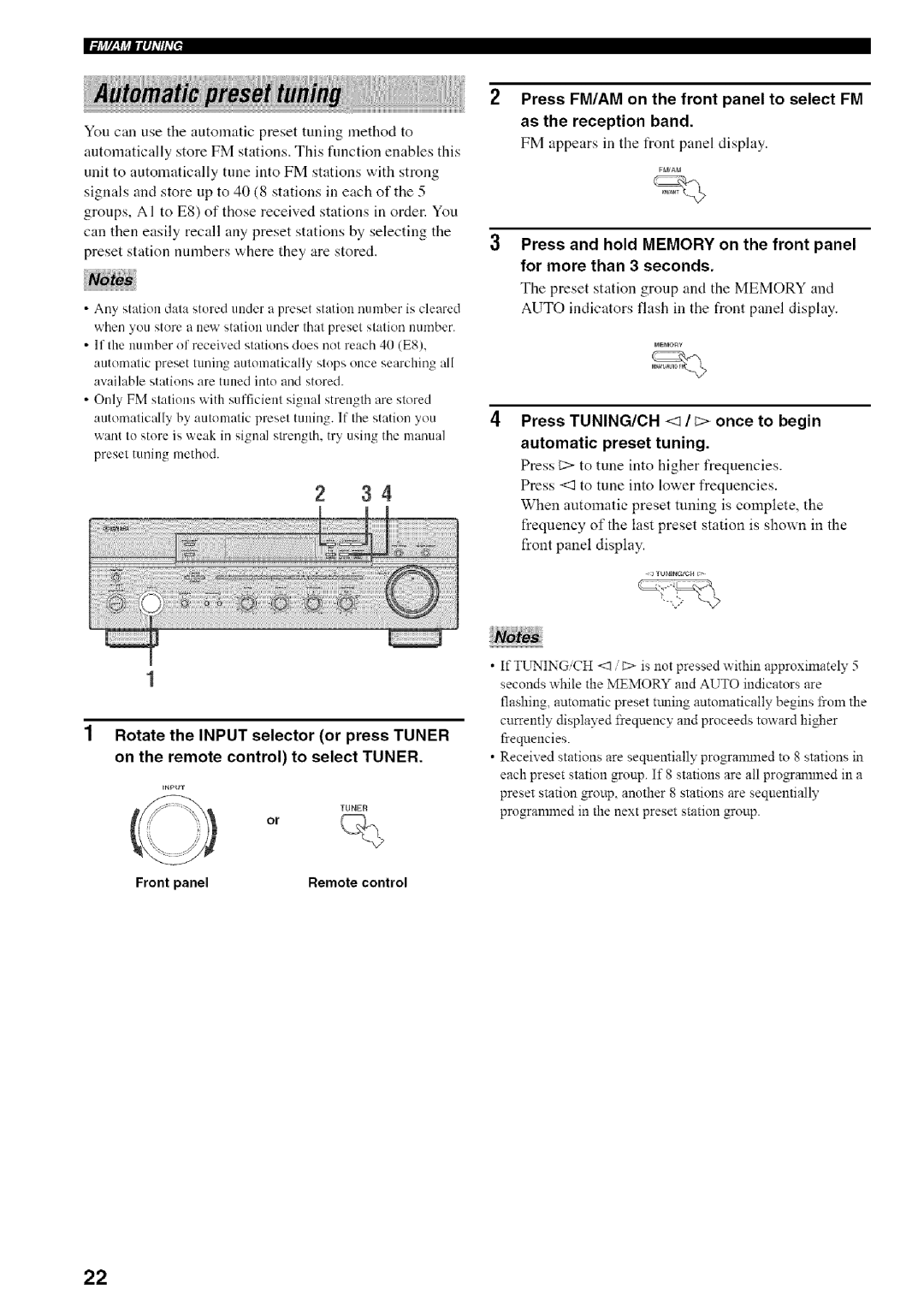 Yamaha RX-497 owner manual LjVjlqllh7, Press TUNING/CH 1/E once to begin Automatic preset tuning 