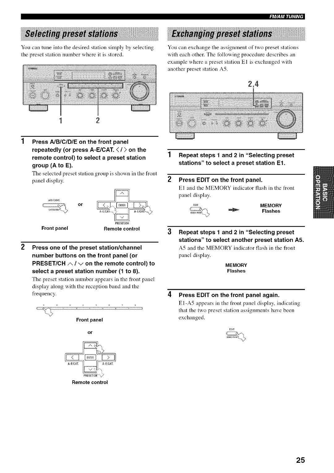 Yamaha RX-497 owner manual Front panel, Memory, Flashes Press Edit on the front panel again 