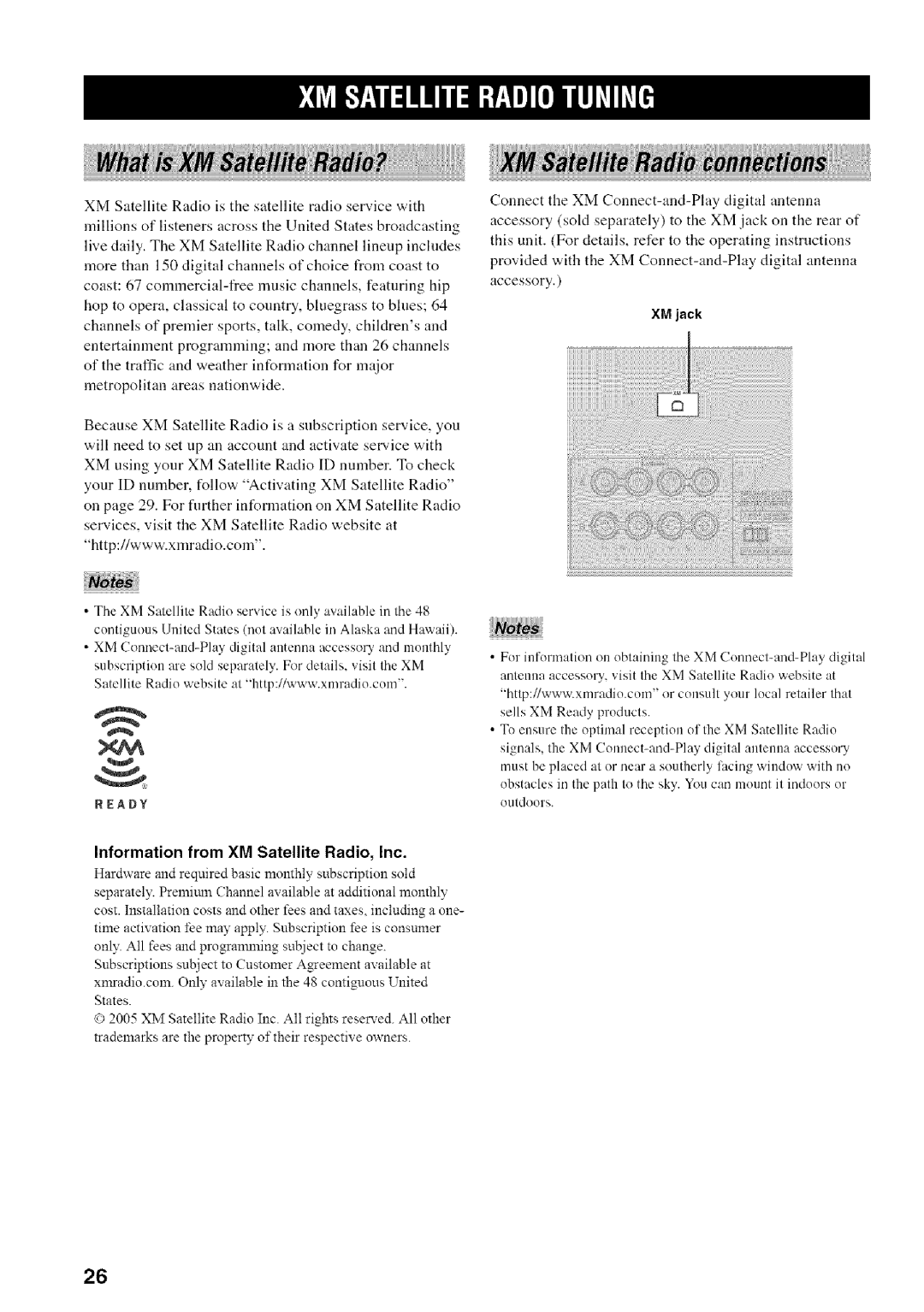 Yamaha RX-497 owner manual Iiii IililIl!li, XM jack, Information from XM Satellite Radio, Inc 