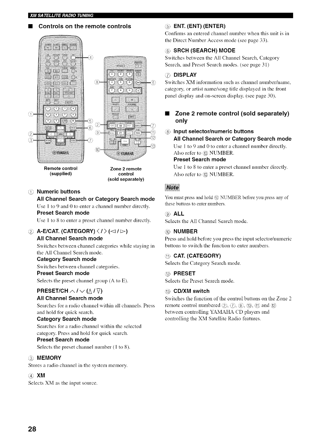 Yamaha RX-497 owner manual Controls on the remote controls, Supplied, @ A-E/CAT. Category / s All Channel Search mode 