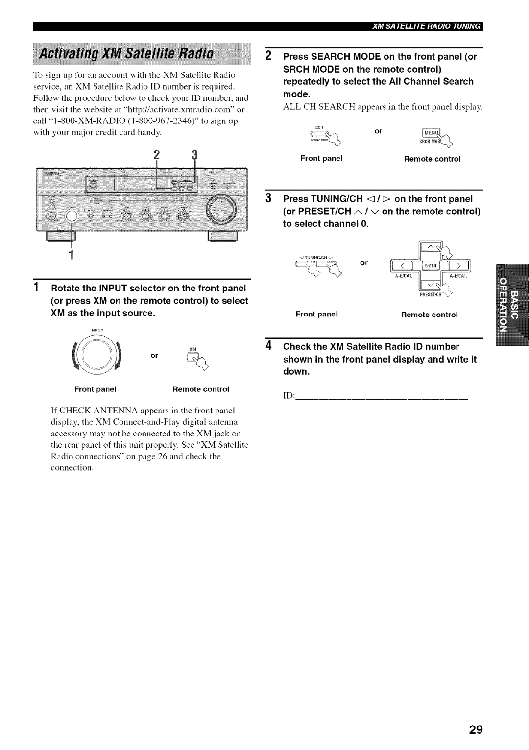 Yamaha RX-497 owner manual ALL CH Search appears in the front panel display, Front panel Remote control 