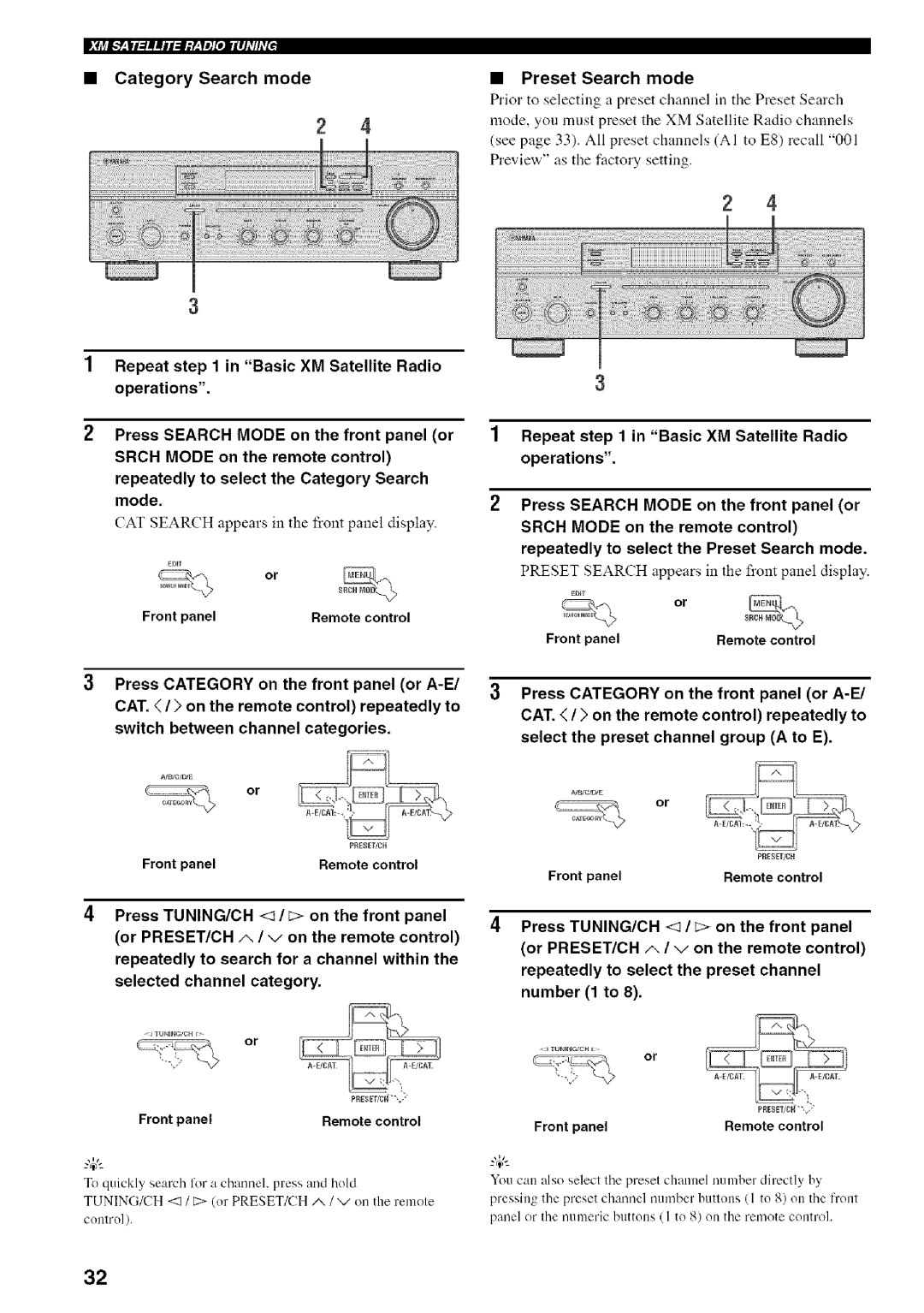 Yamaha RX-497 owner manual CAT Search appears in the front panel display, Preset Search appears in the front panel display 